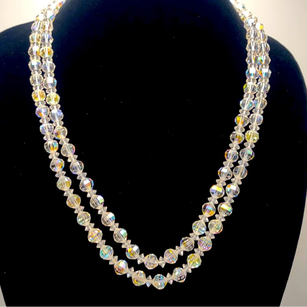 VINTAGE 1940’s ART DECO AURORA BOREALIS DOUBLE STRAND NECKLACE W/CRYSTAL CLASP